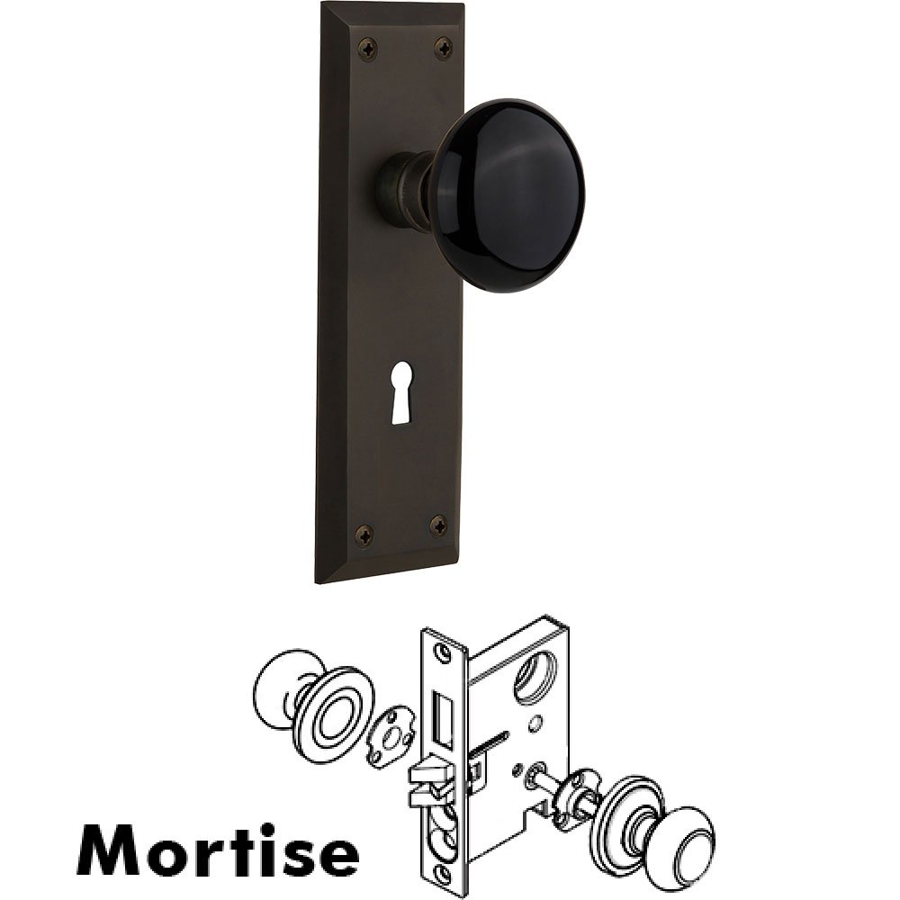 Mortise - New York Plate with Black Porcelain Knob with Keyhole in Oil Rubbed Bronze