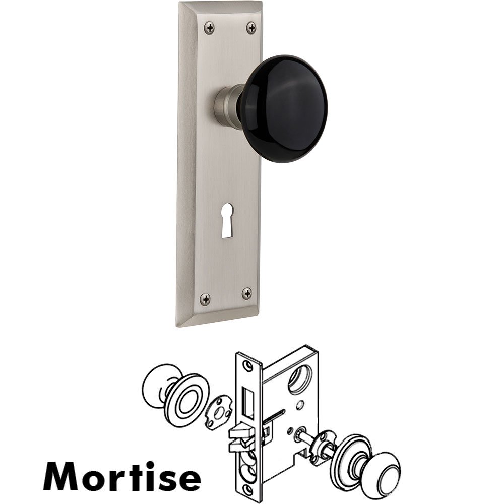 Mortise - New York Plate with Black Porcelain Knob with Keyhole in Satin Nickel