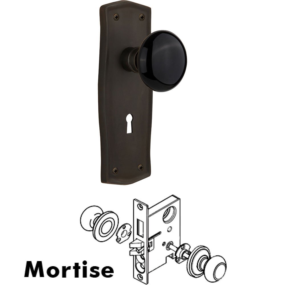 Mortise - Prairie Plate with Black Porcelain Knob with Keyhole in Oil Rubbed Bronze