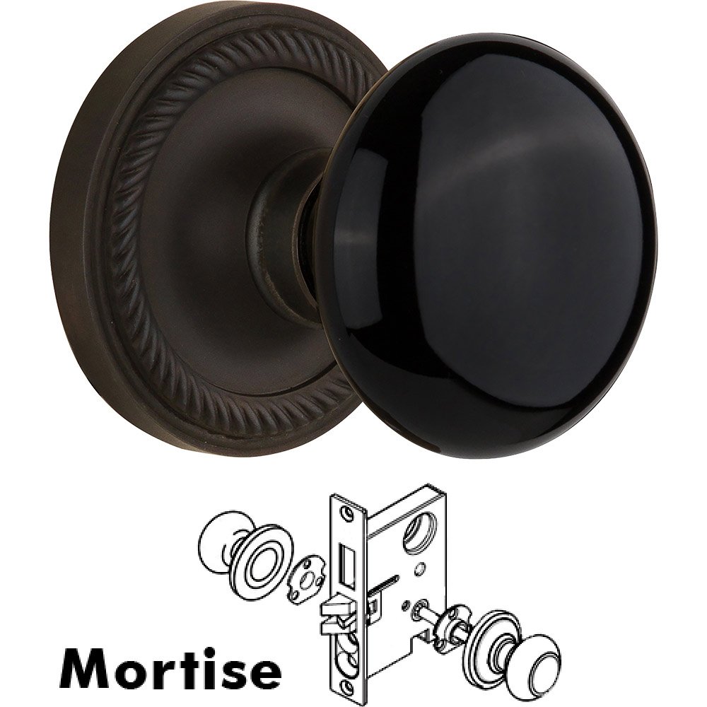 Mortise - Rope Rose with Black Porcelain Knob in Oil Rubbed Bronze