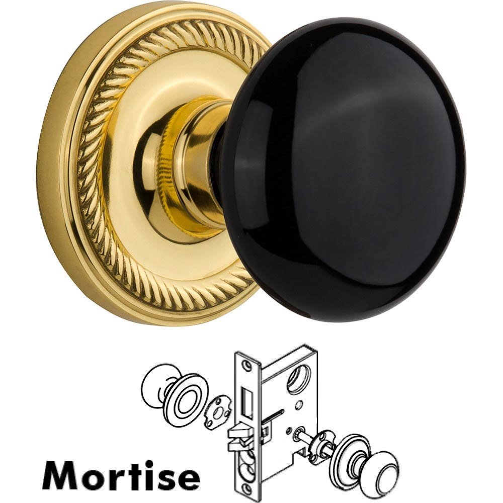 Mortise - Rope Rose with Black Porcelain Knob in Polished Brass