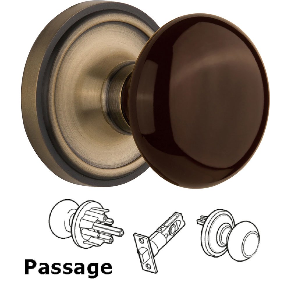 Passage Knob - Classic Rose with Brown Porcelain Knob in Antique Brass
