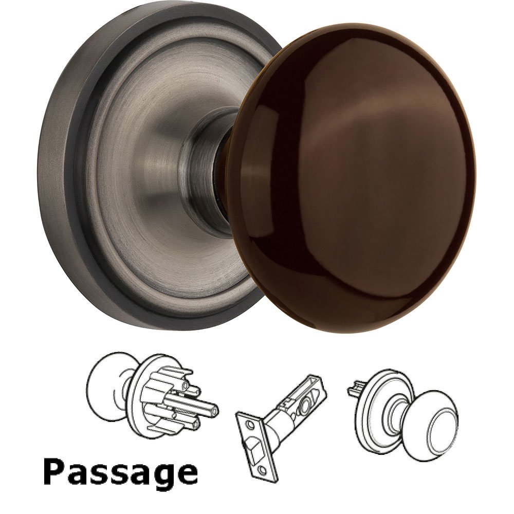 Passage Knob - Classic Rose with Brown Porcelain Knob in Antique Pewter