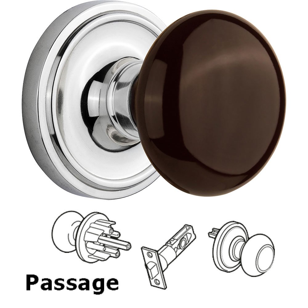 Passage Knob - Classic Rose with Brown Porcelain Knob in Bright Chrome
