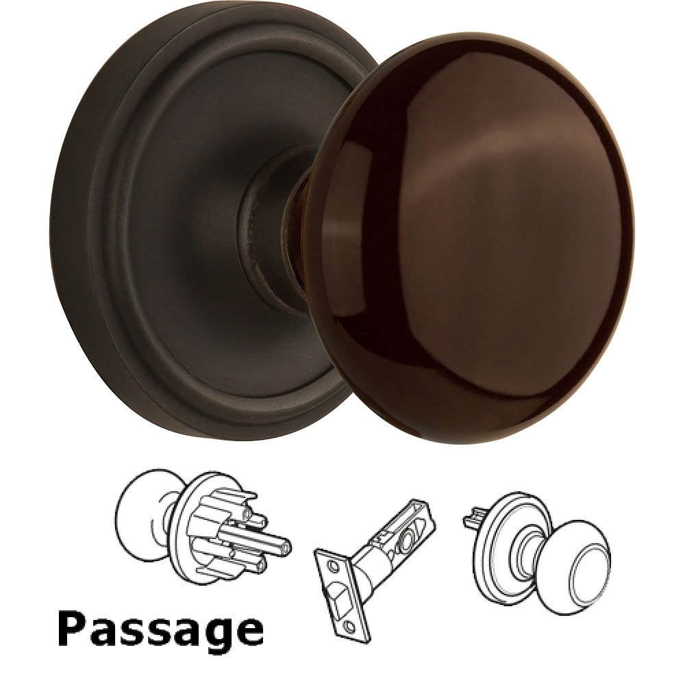 Passage Knob - Classic Rose with Brown Porcelain Knob in Oil Rubbed Bronze