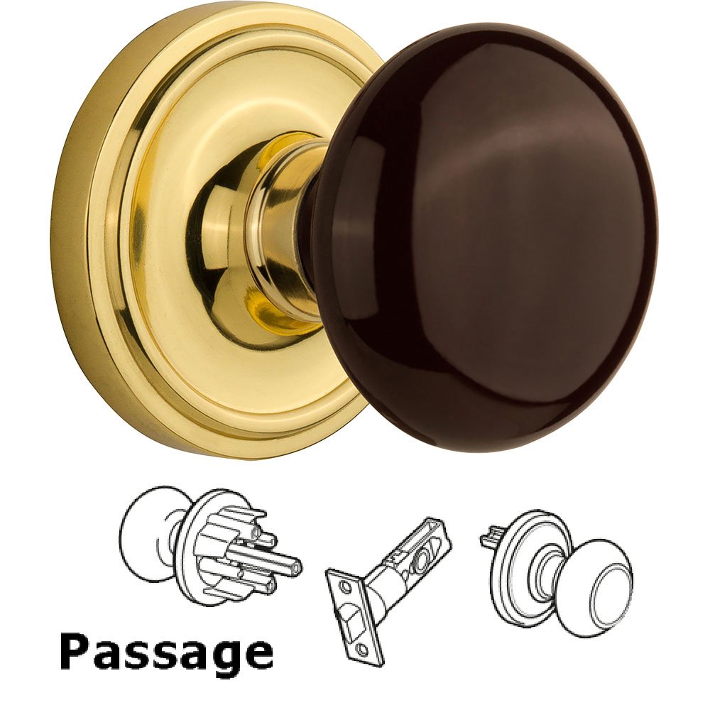 Passage Knob - Classic Rose with Brown Porcelain Knob in Polished Brass