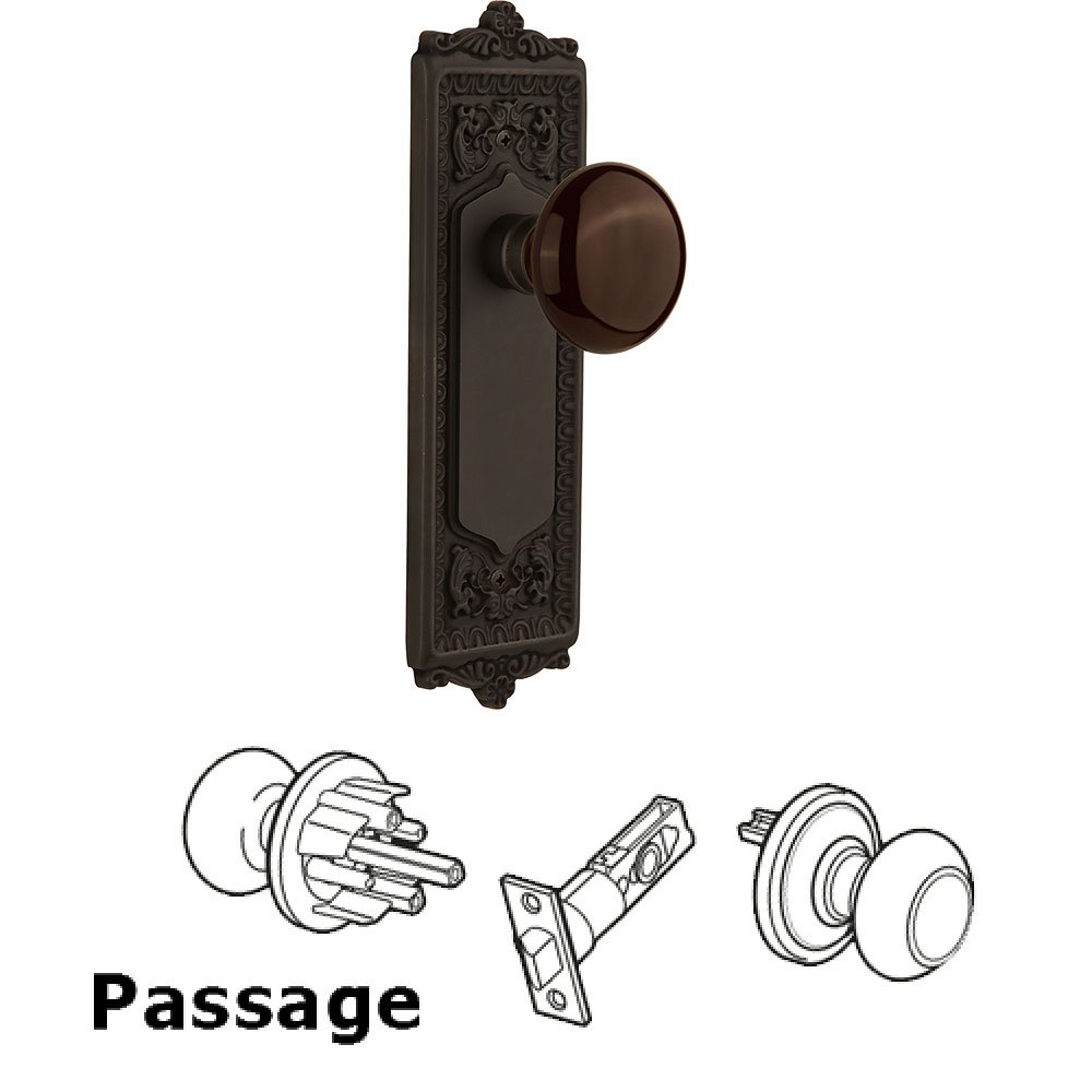 Passage Knob - Egg and Dart Plate with Brown Porcelain Knob without Keyhole in Oil Rubbed Bronze