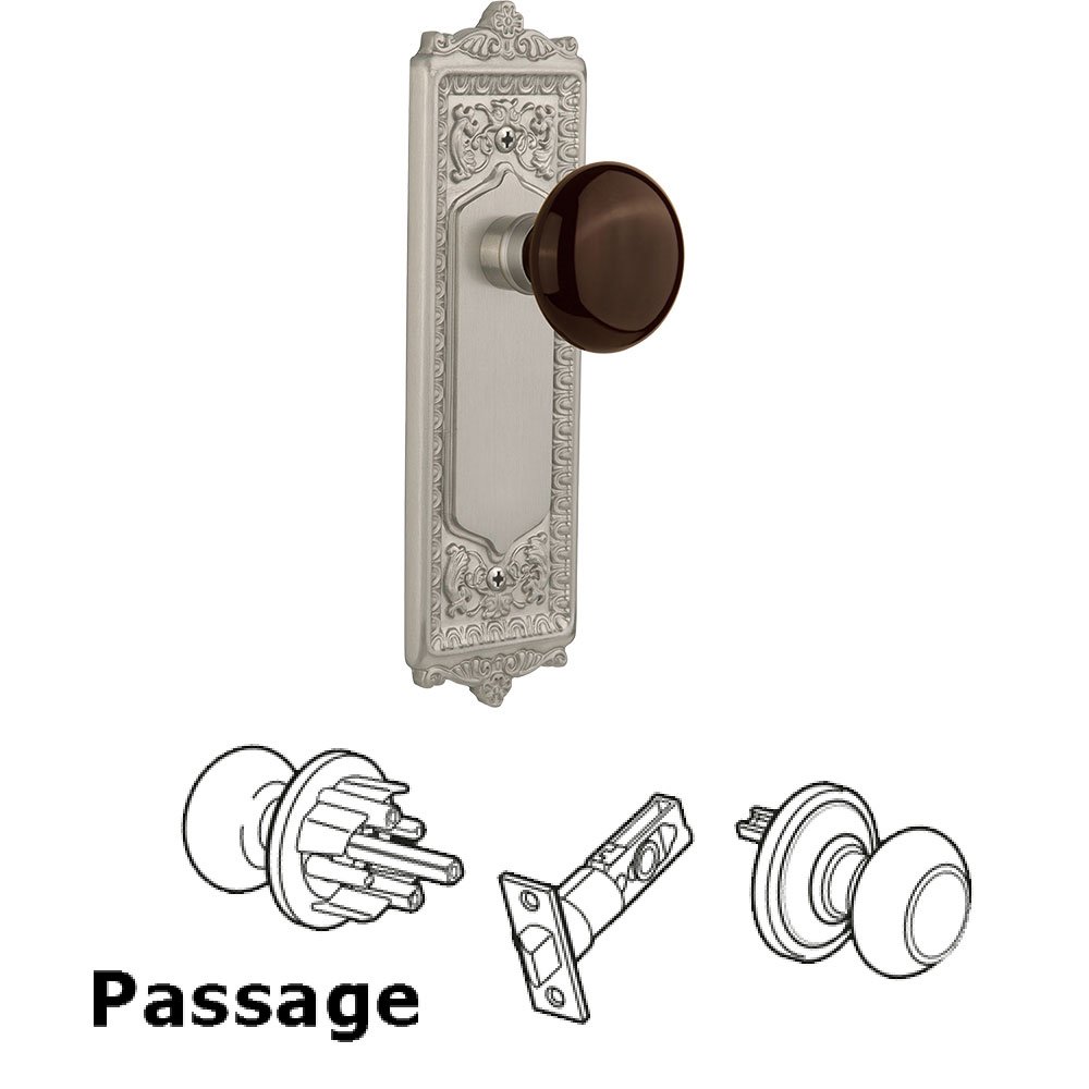 Passage Knob - Egg and Dart Plate with Brown Porcelain Knob without Keyhole in Satin Nickel