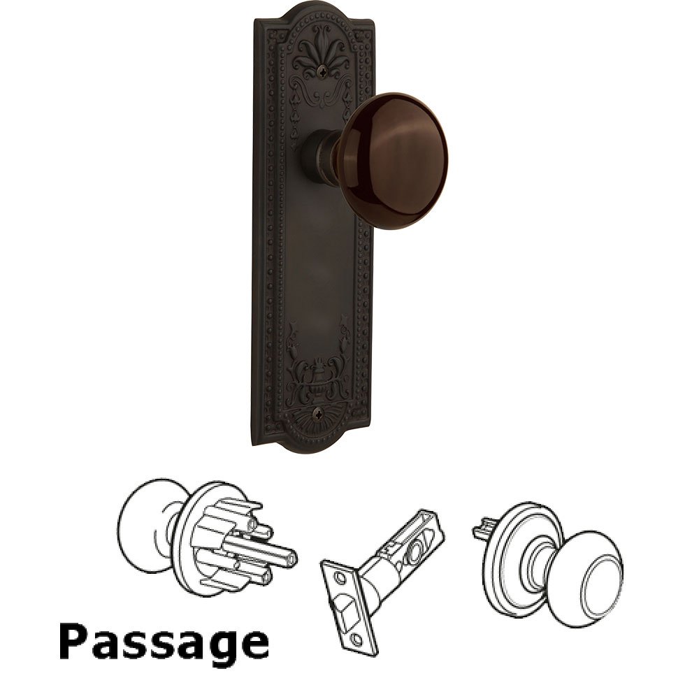 Passage Meadows Plate with Brown Porcelain Door Knob in Oil-Rubbed Bronze