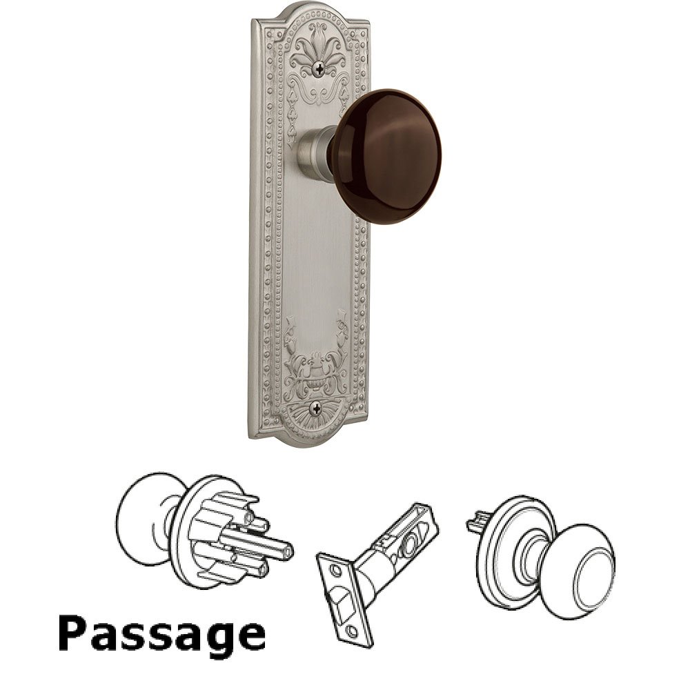 Passage Knob - Meadows Plate with Brown Porcelain Knob without Keyhole in Satin Nickel