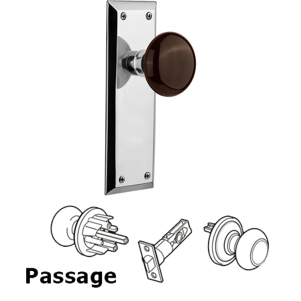 Passage New York Plate with Brown Porcelain Door Knob in Bright Chrome