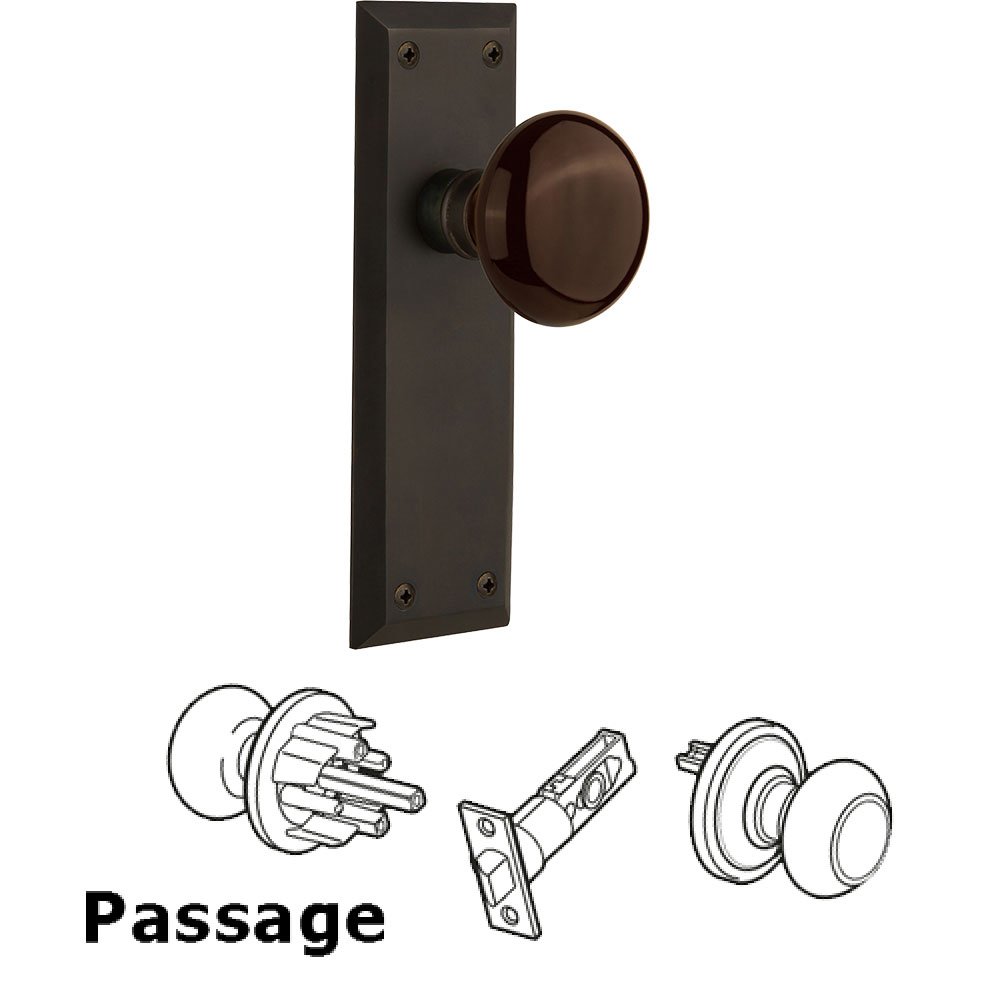 Passage Knob - New York Plate with Brown Porcelain Knob without Keyhole in Oil Rubbed Bronze