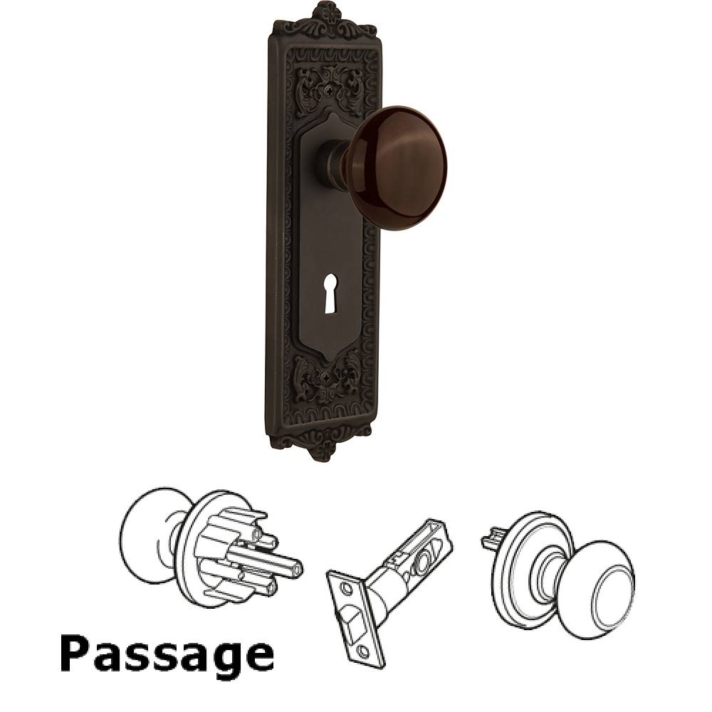 Passage Knob - Egg and Dart Plate with Brown Porcelain Knob with Keyhole in Oil Rubbed Bronze