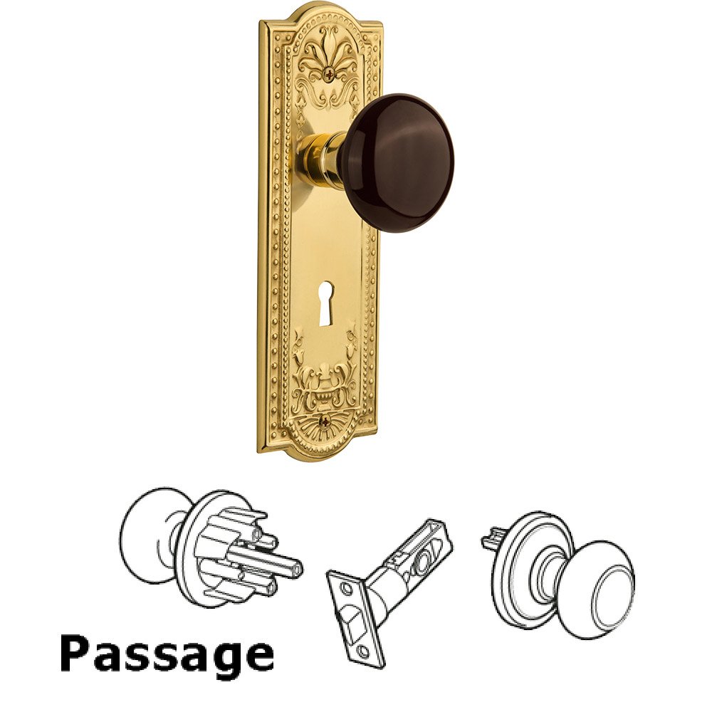 Passage Knob - Meadows Plate with Brown Porcelain Knob with Keyhole in Polished Brass