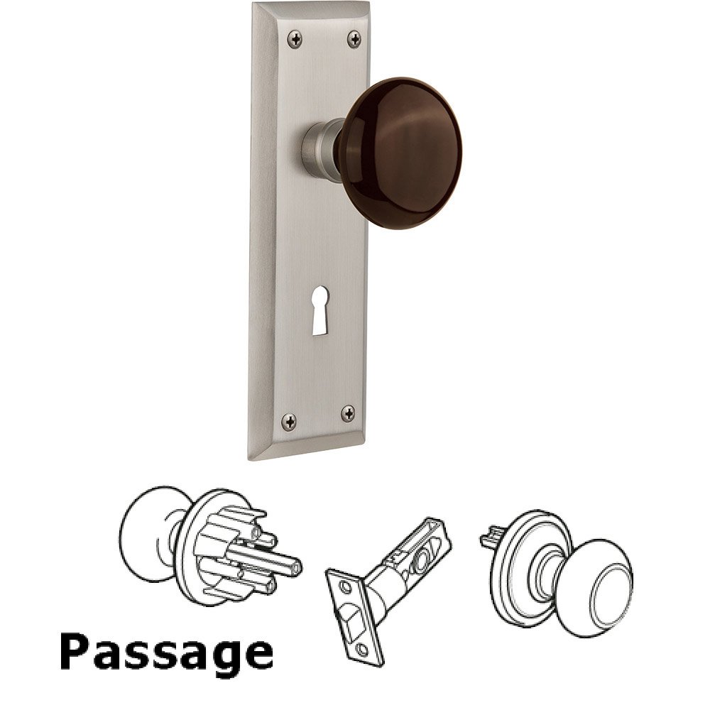 Passage Knob - New York Plate with Brown Porcelain Knob with Keyhole in Satin Nickel