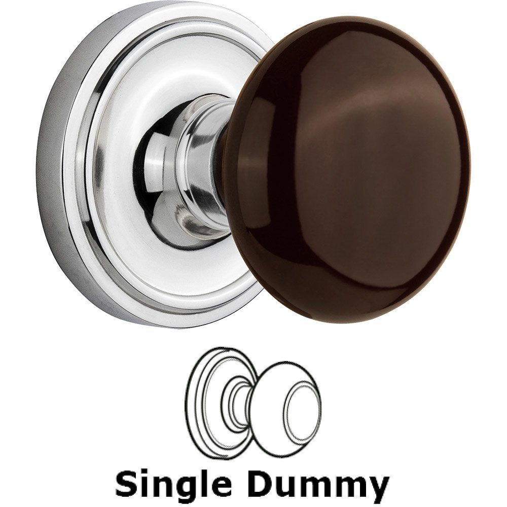 Single Dummy Classic Rose with Brown Porcelain Knob in Bright Chrome