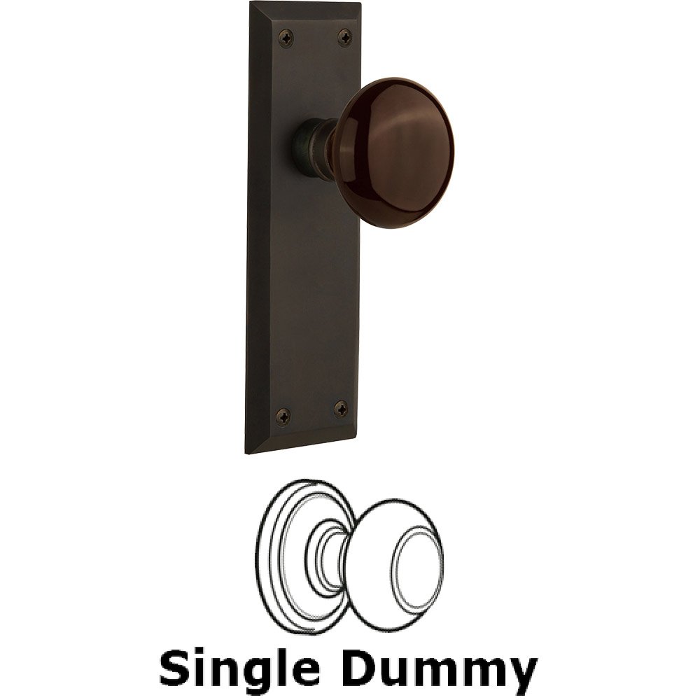 Single Dummy - New York Plate with Brown Porcelain Knob without Keyhole in Oil Rubbed Bronze