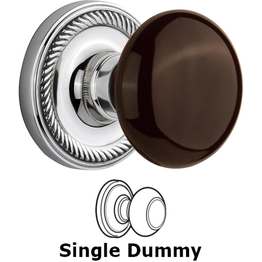 Single Dummy - Rope Rose with Brown Porcelain Knob in Bright Chrome