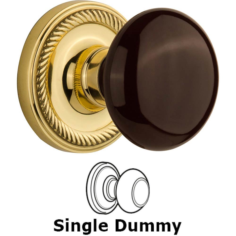 Single Dummy - Rope Rose with Brown Porcelain Knob in Polished Brass
