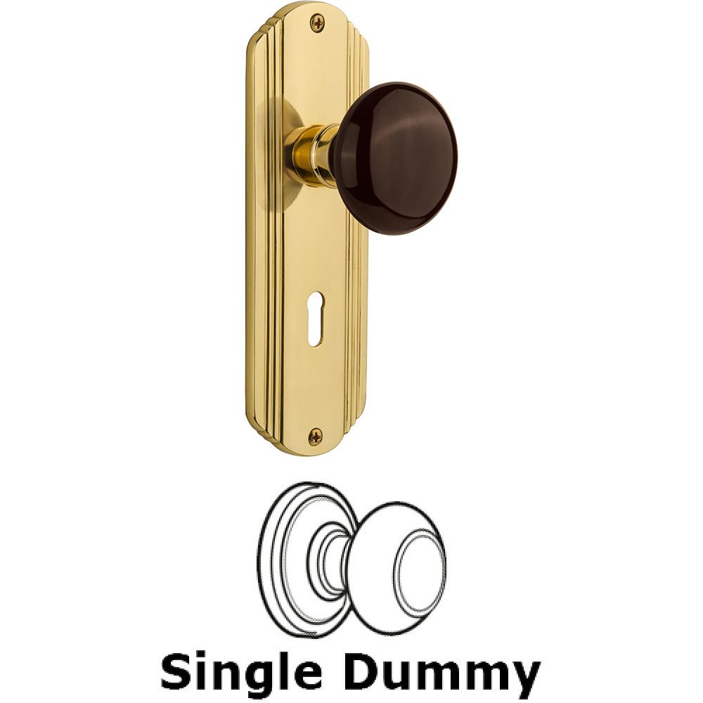 Single Dummy - Deco Plate with Brown Porcelain Knob with Keyhole in Polished Brass