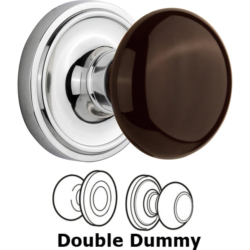 Double Dummy Classic Rose with Brown Porcelain Knob in Bright Chrome