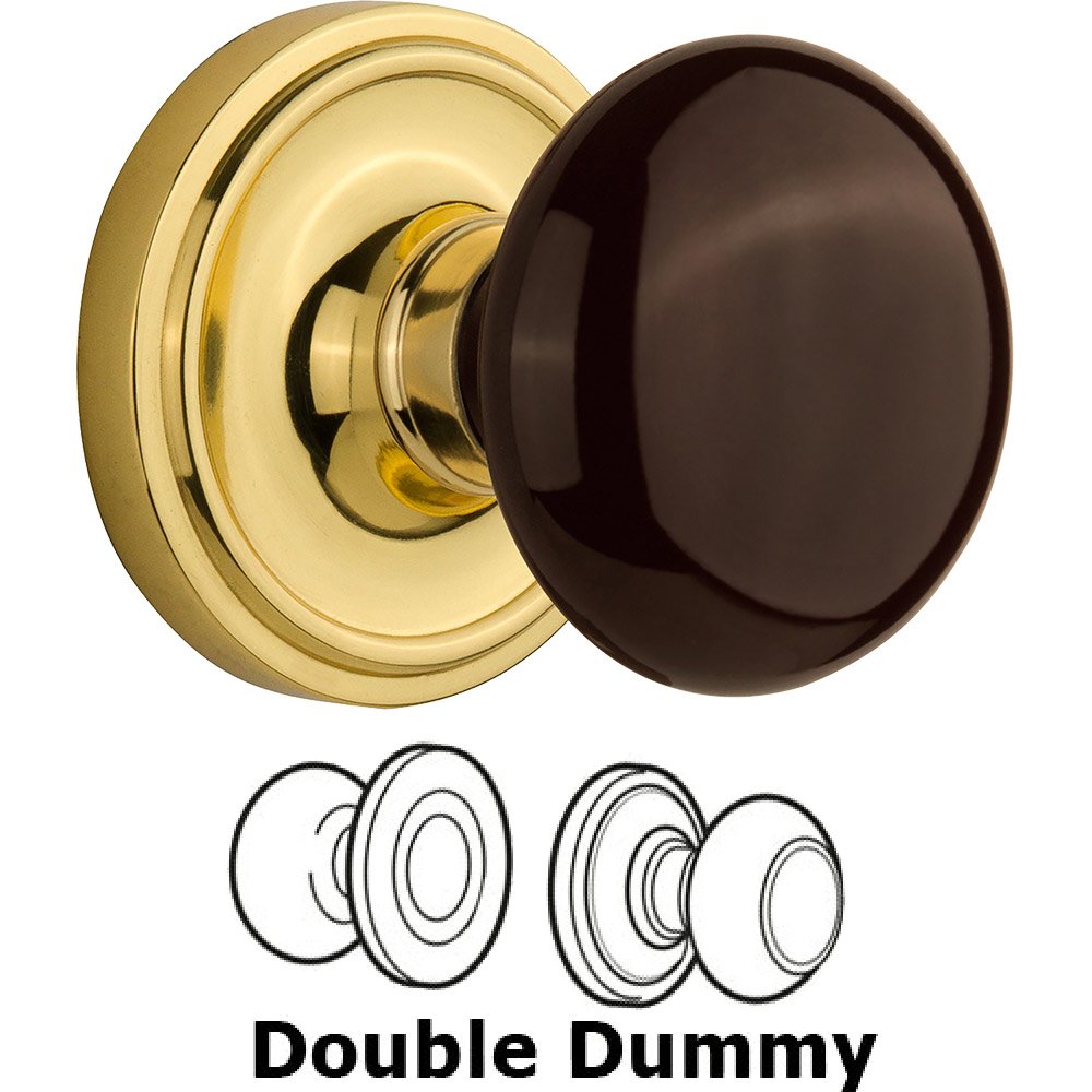 Double Dummy Classic Rose with Brown Porcelain Knob in Polished Brass