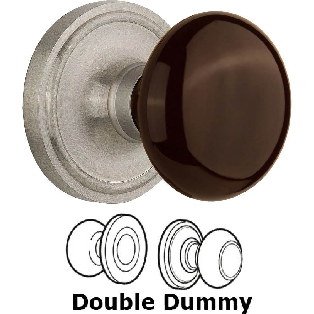 Double Dummy Classic Rose with Brown Porcelain Knob in Satin Nickel