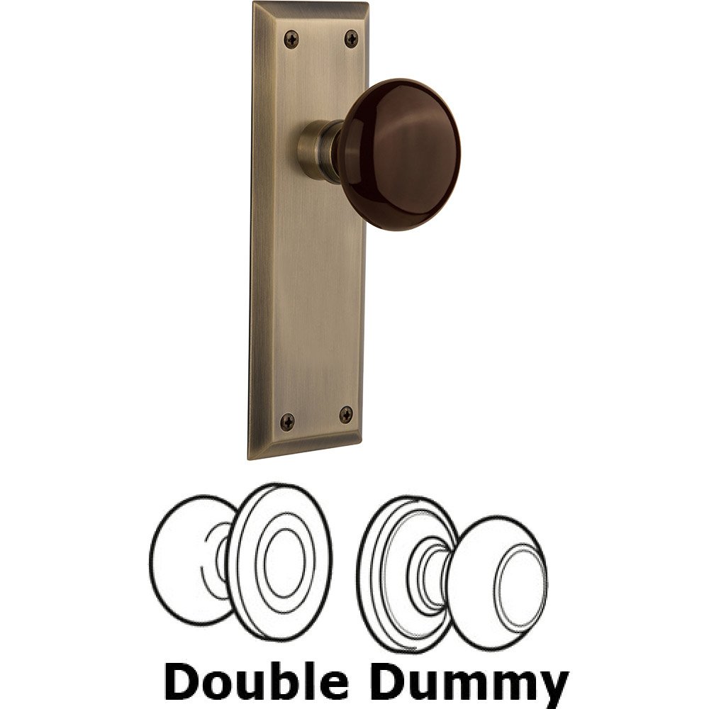 Double Dummy - New York Plate with Brown Porcelain Knob without Keyhole in Antique Brass