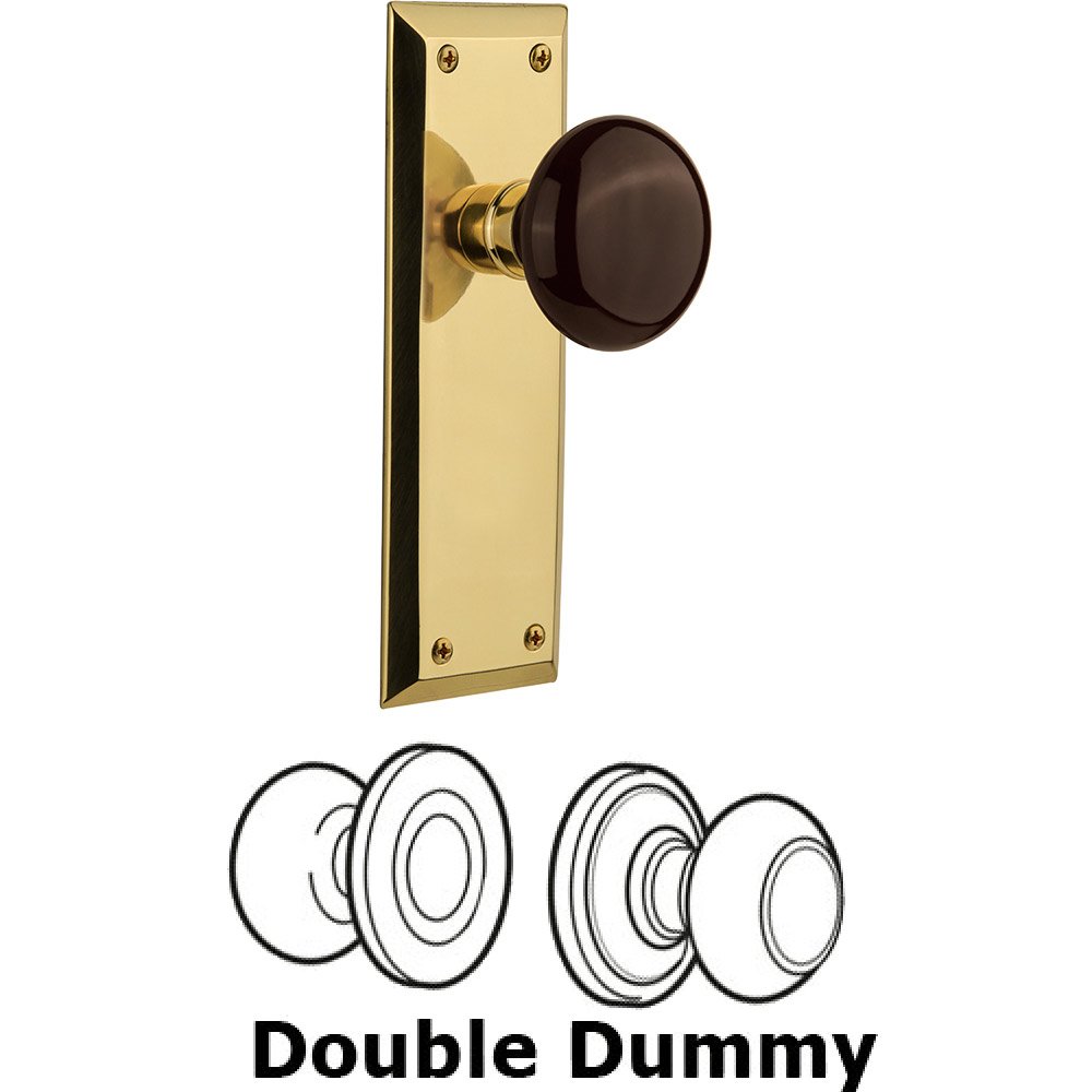 Double Dummy - New York Plate with Brown Porcelain Knob without Keyhole in Polished Brass