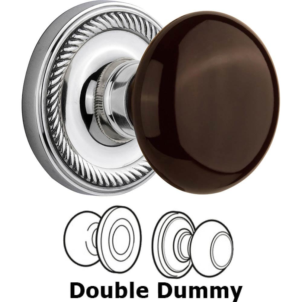Double Dummy - Rope Rose with Brown Porcelain Knob in Bright Chrome