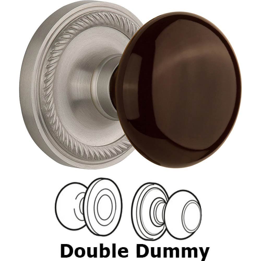 Double Dummy - Rope Rose with Brown Porcelain Knob in Satin Nickel