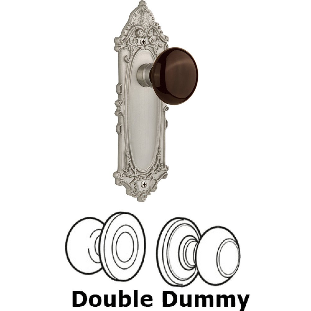 Double Dummy - Victorian Plate with Brown Porcelain Knob without Keyhole in Satin Nickel