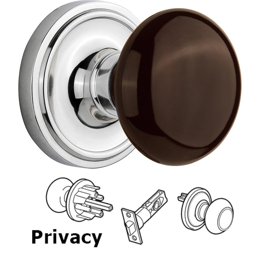 Privacy Knob - Classic Rose with Brown Porcelain Knob in Bright Chrome