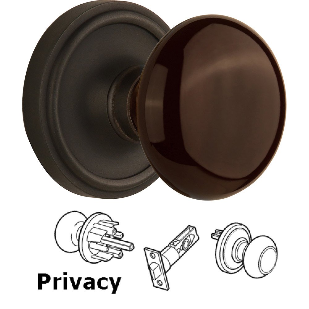 Privacy Knob - Classic Rose with Brown Porcelain Knob in Oil Rubbed Bronze