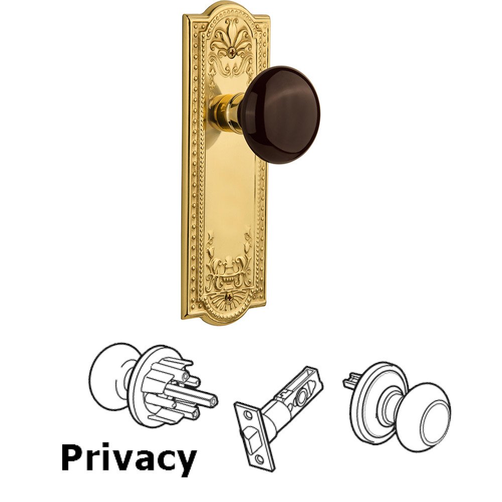 Privacy Knob - Meadows Plate with Brown Porcelain Knob without Keyhole in Polished Brass