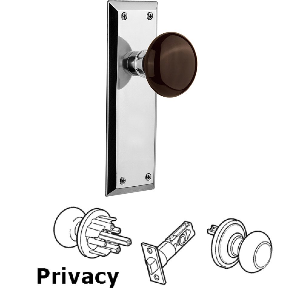 Privacy New York Plate with Brown Porcelain Door Knob in Bright Chrome