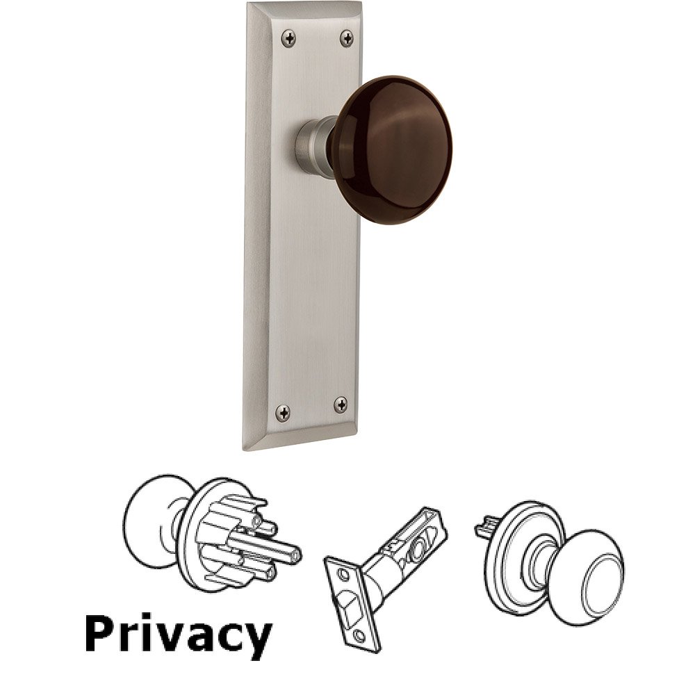 Privacy New York Plate with Brown Porcelain Door Knob in Satin Nickel