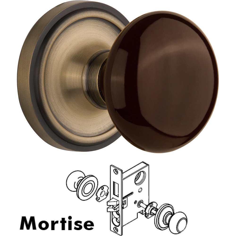 Mortise - Classic Rose with Brown Porcelain Knob in Antique Brass