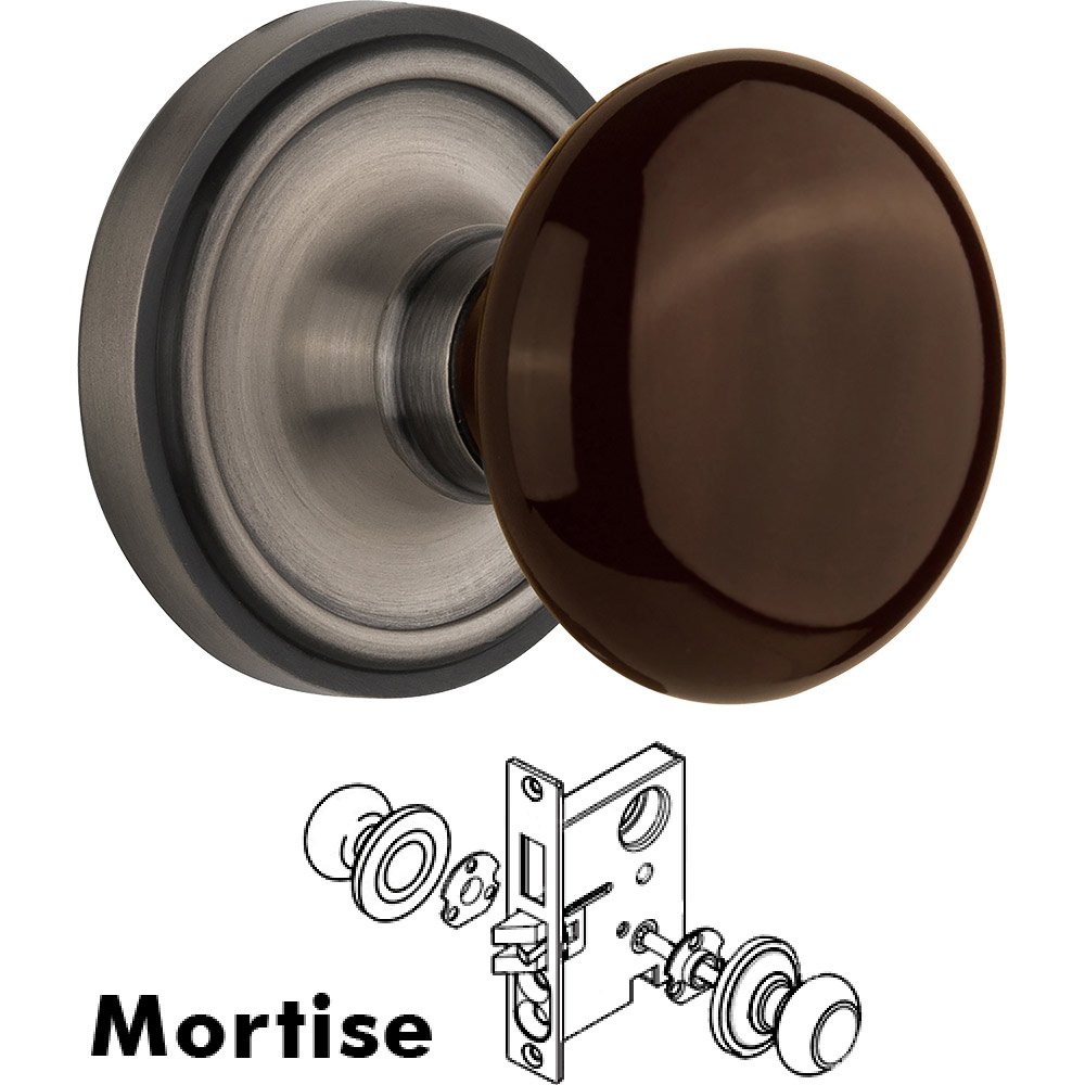 Mortise - Classic Rose with Brown Porcelain Knob in Antique Pewter