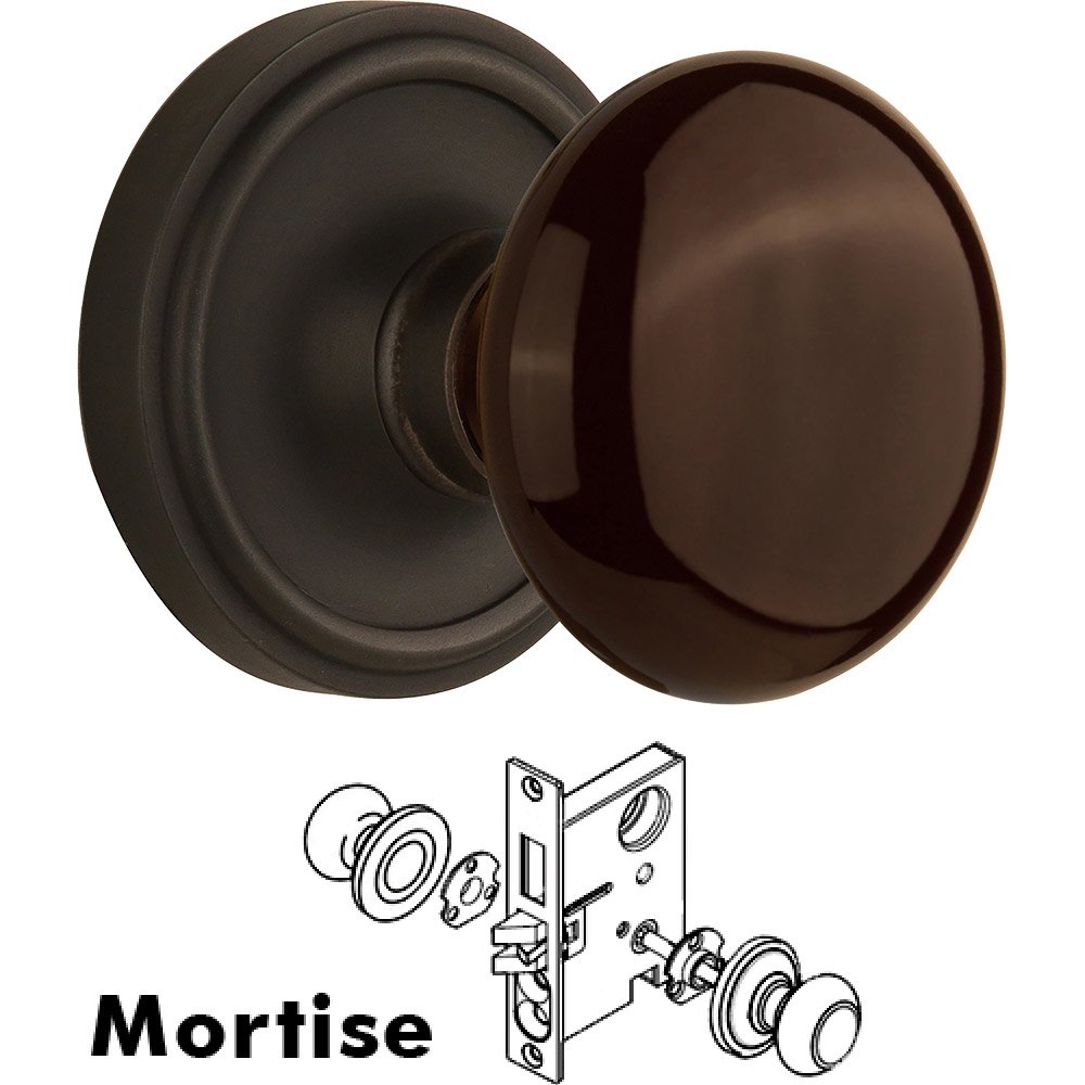 Mortise - Classic Rose with Brown Porcelain Knob in Oil Rubbed Bronze