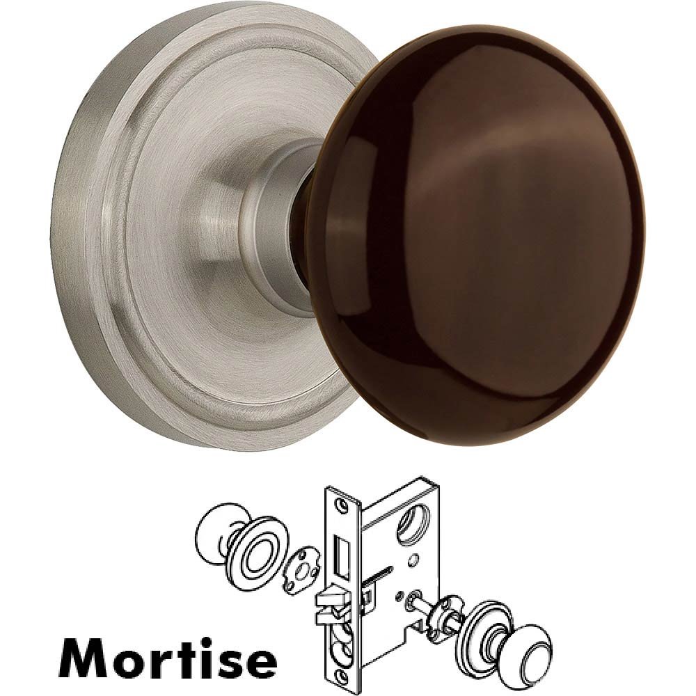 Mortise - Classic Rose with Brown Porcelain Knob in Satin Nickel