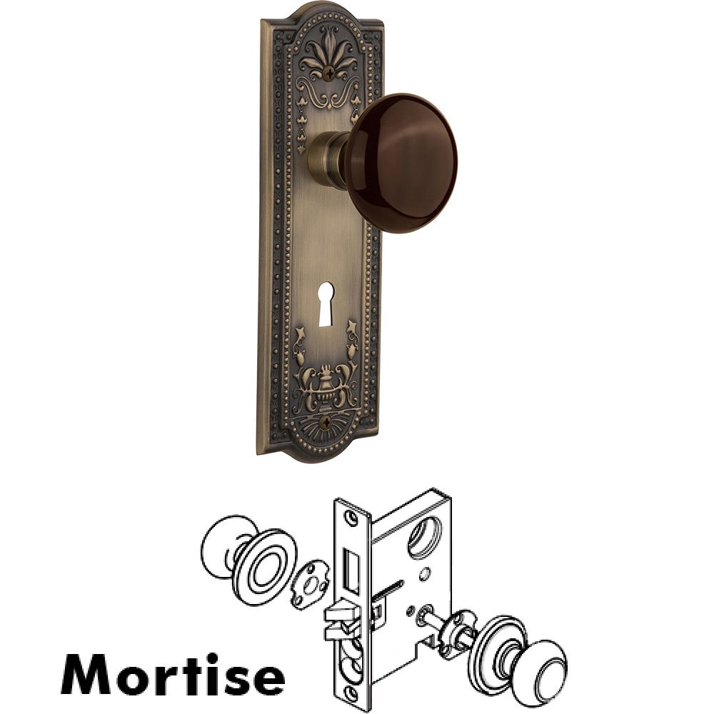 Mortise - Meadows Plate with Brown Porcelain Knob with Keyhole in Antique Brass