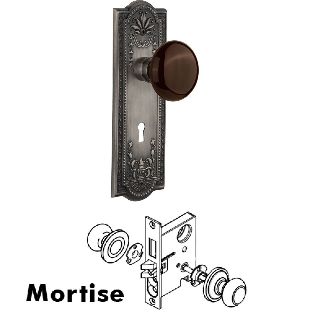 Mortise - Meadows Plate with Brown Porcelain Knob with Keyhole in Antique Pewter