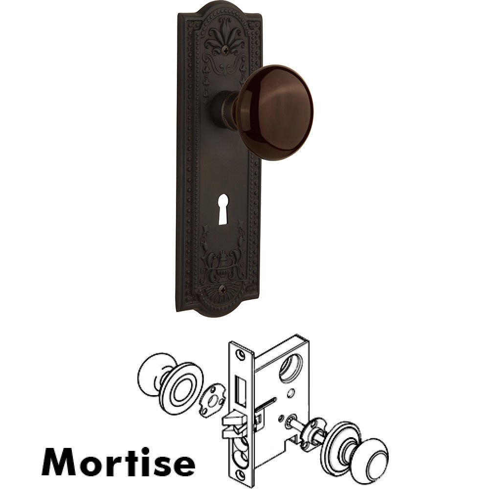 Mortise - Meadows Plate with Brown Porcelain Knob with Keyhole in Oil Rubbed Bronze