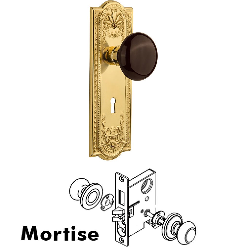 Mortise - Meadows Plate with Brown Porcelain Knob with Keyhole in Polished Brass
