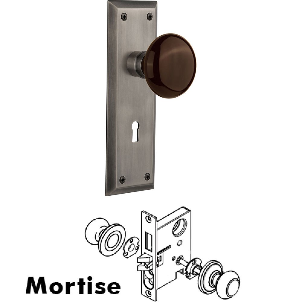 Mortise - New York Plate with Brown Porcelain Knob with Keyhole in Antique Pewter