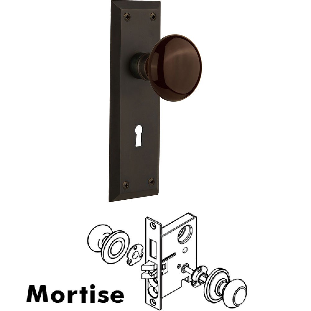 Mortise - New York Plate with Brown Porcelain Knob with Keyhole in Oil Rubbed Bronze