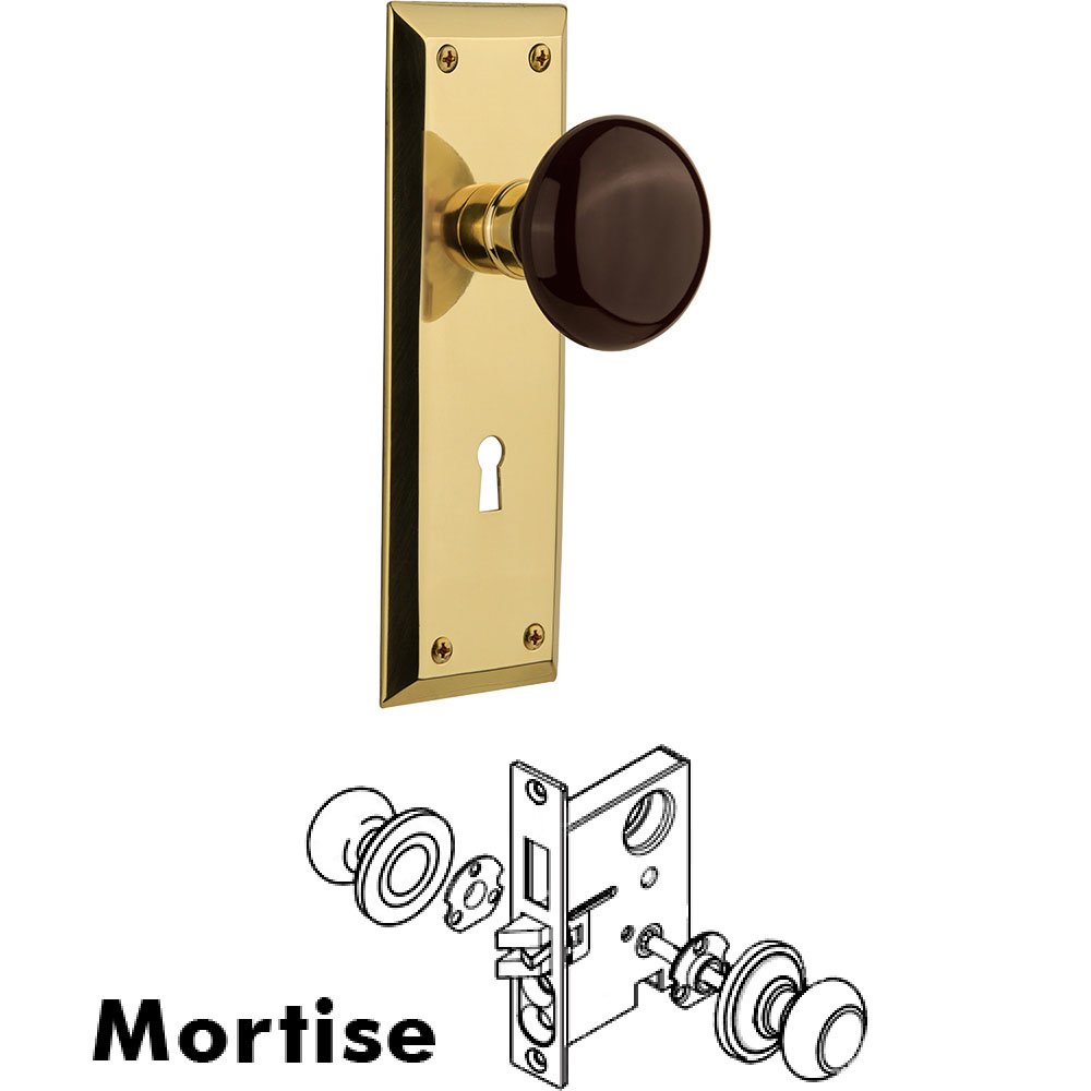 Mortise - New York Plate with Brown Porcelain Knob with Keyhole in Polished Brass