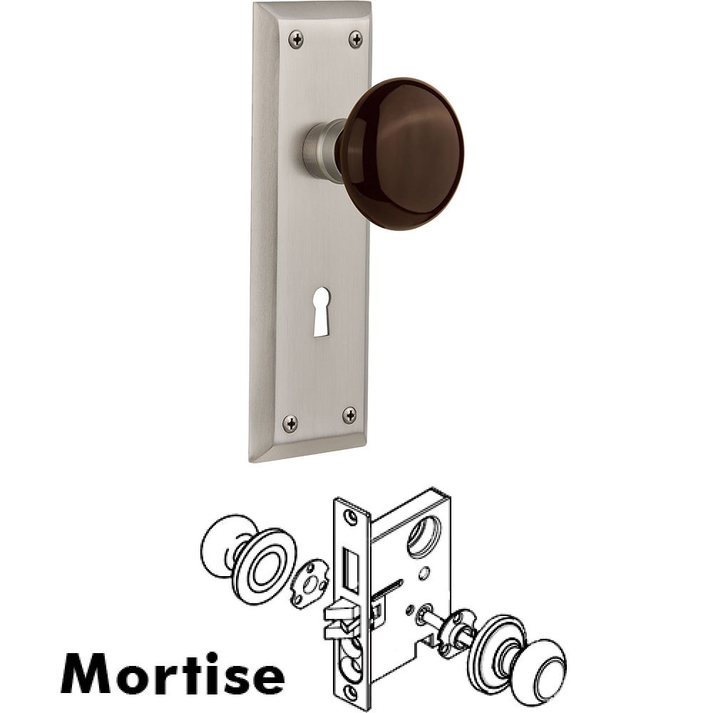 Mortise - New York Plate with Brown Porcelain Knob with Keyhole in Satin Nickel