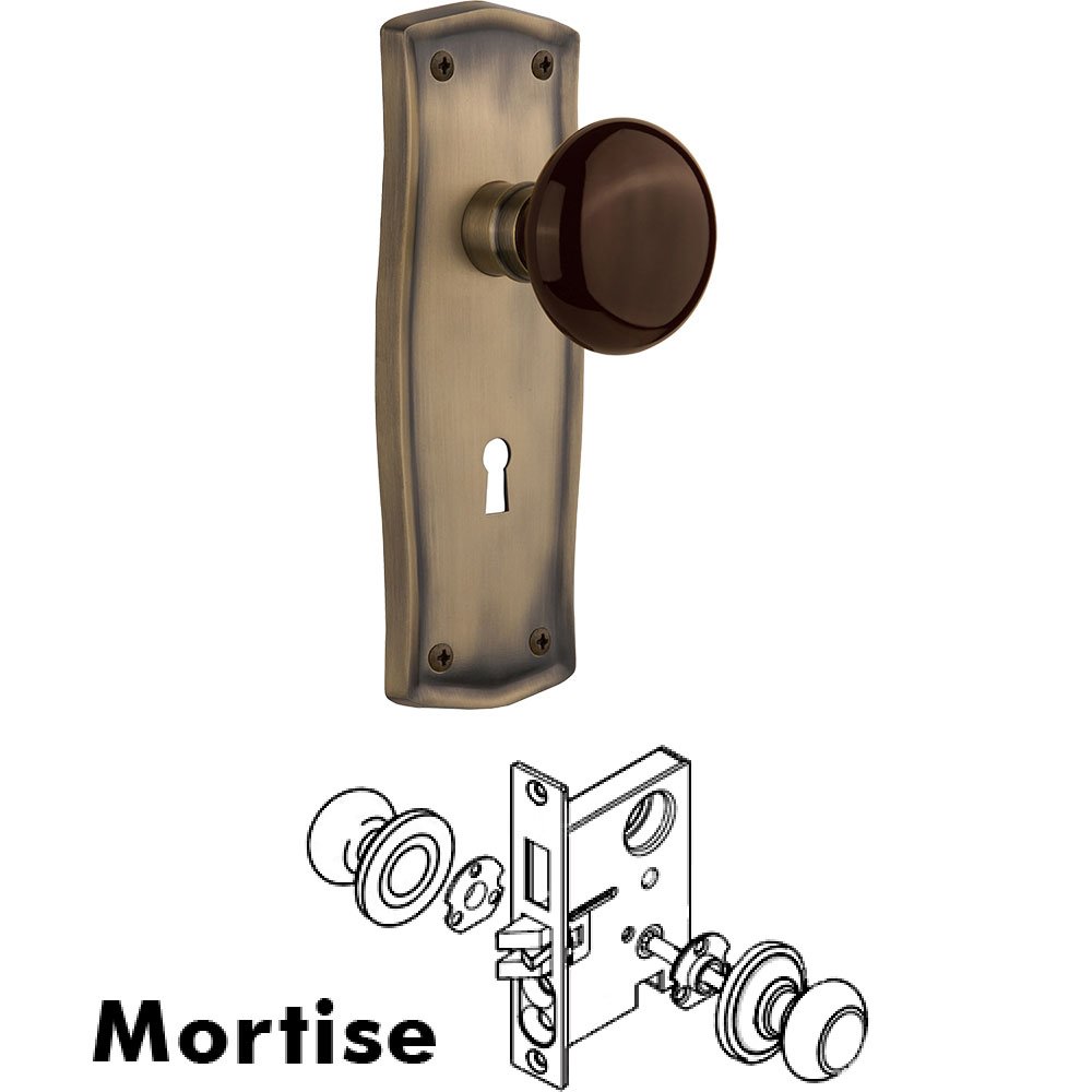 Mortise - Prairie Plate with Brown Porcelain Knob with Keyhole in Antique Brass